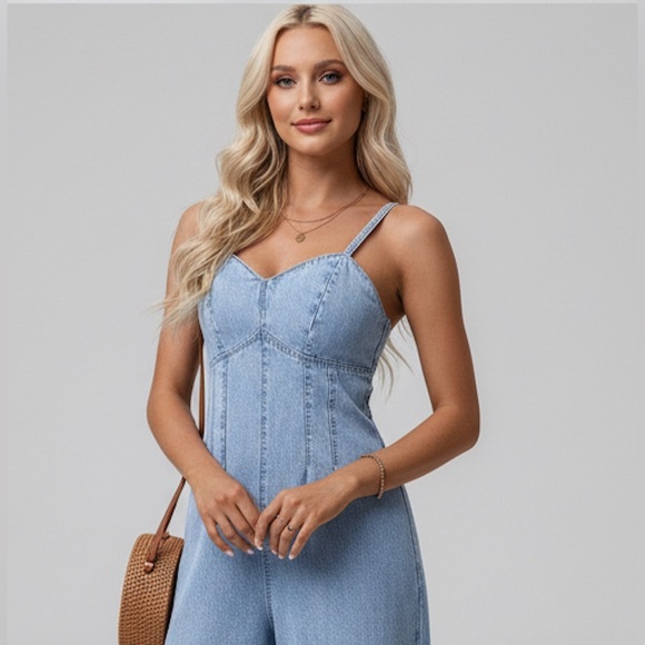 Light Wash Denim Jumpsuit Wide Leg Corset Bodice Sweetheart Neck - Picture 2 of 9